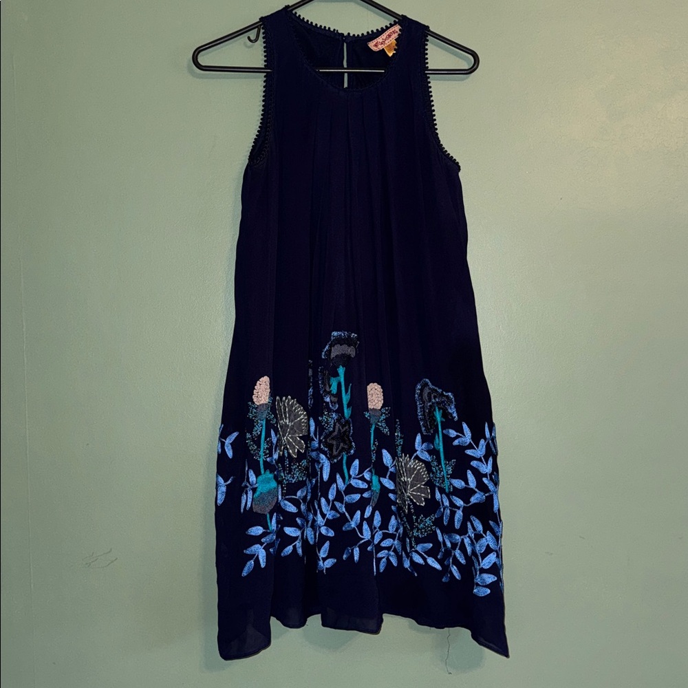 Anthropologie navy dress with blue floral embroidery